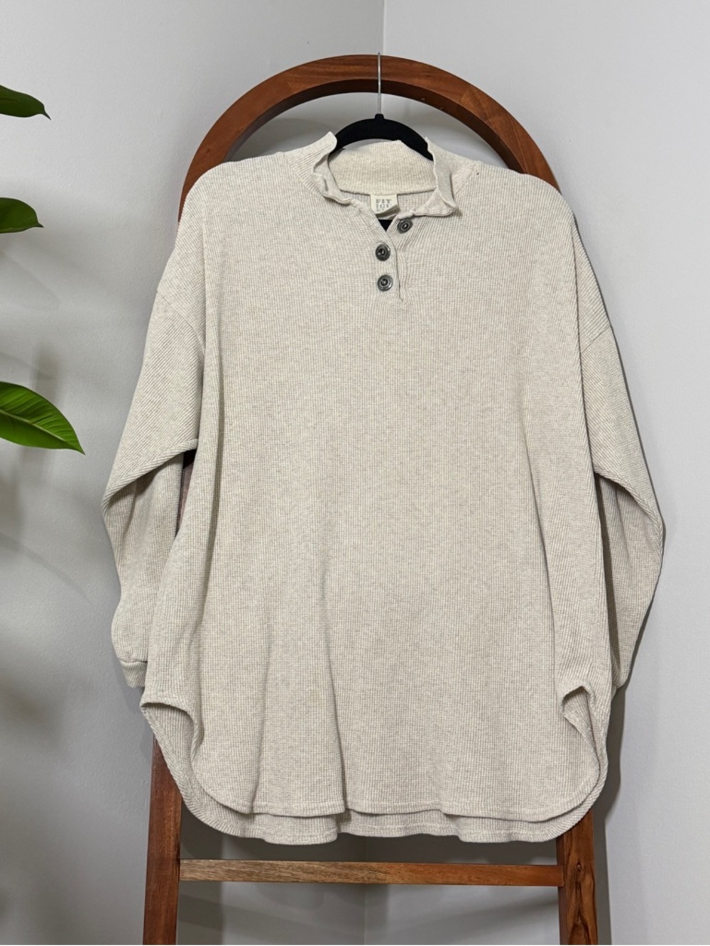 Fitigues SMALL Oversized Oatmeal Waffle Knit Thermal Henley Top‎ USA Made